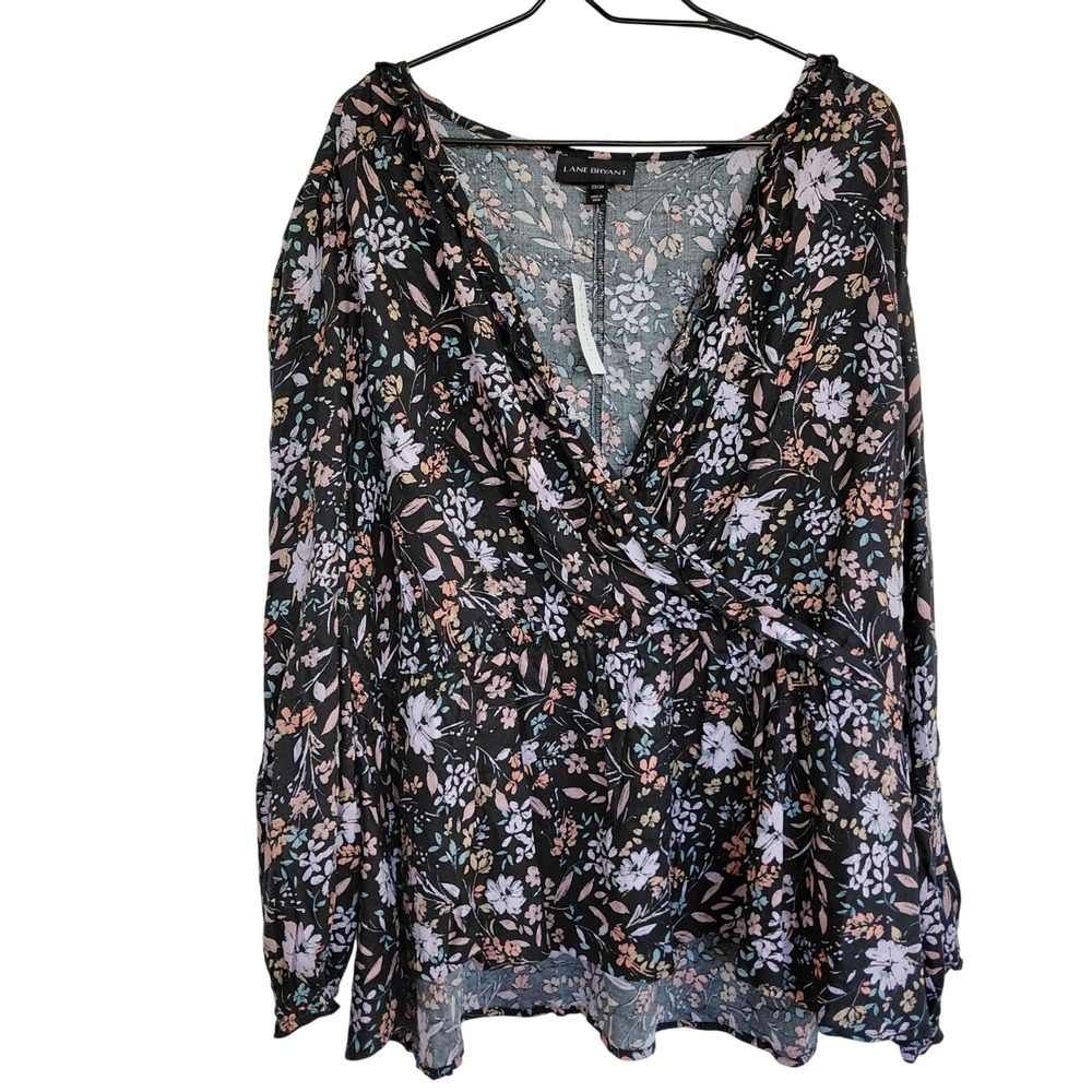 Lane Bryant Women 22/24 Black Floral Surplice V-Neck Long Sleeve Blouse NWT